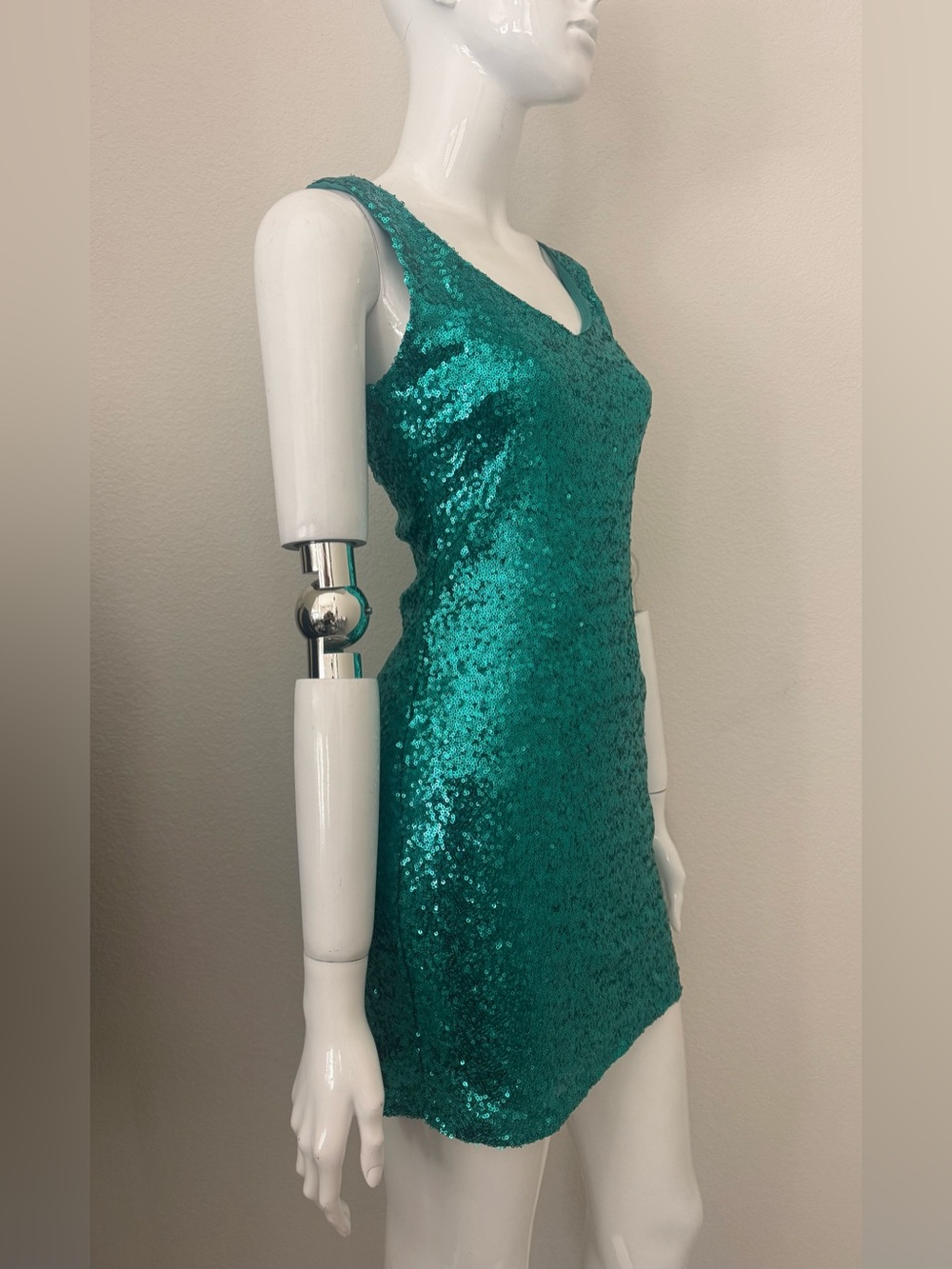 Crystal Doll Teal Sequin V-Neck Mini Dress - NEW Without Tags
